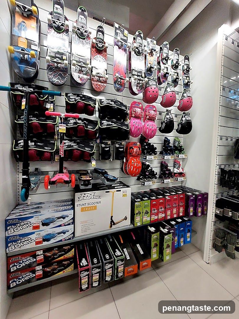 Skateboards, Scooters, and Protective Gear Display