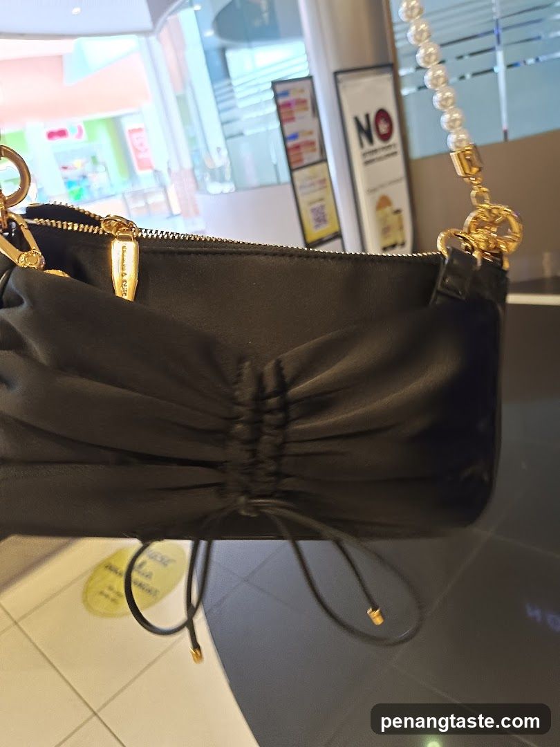 Black Ruched Handbag with Pearl Strap