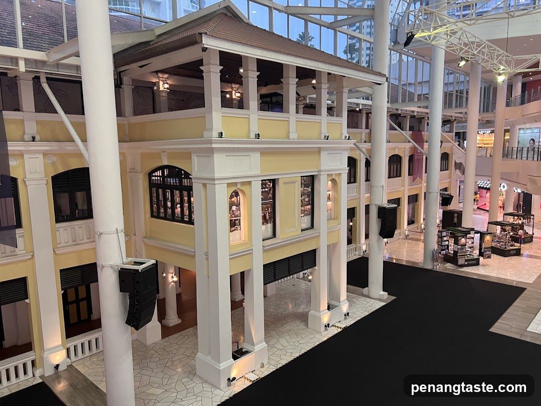 Interior of a shopping mall with a traditional-style building facade