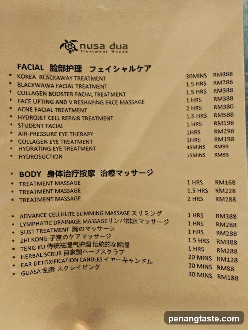 Nusa Dua Treatment House Menu