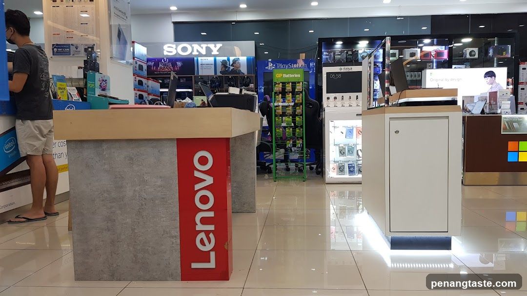 Electronics store interior with branded displays