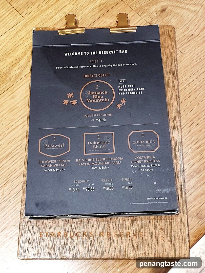 Starbucks Reserve Bar Menu