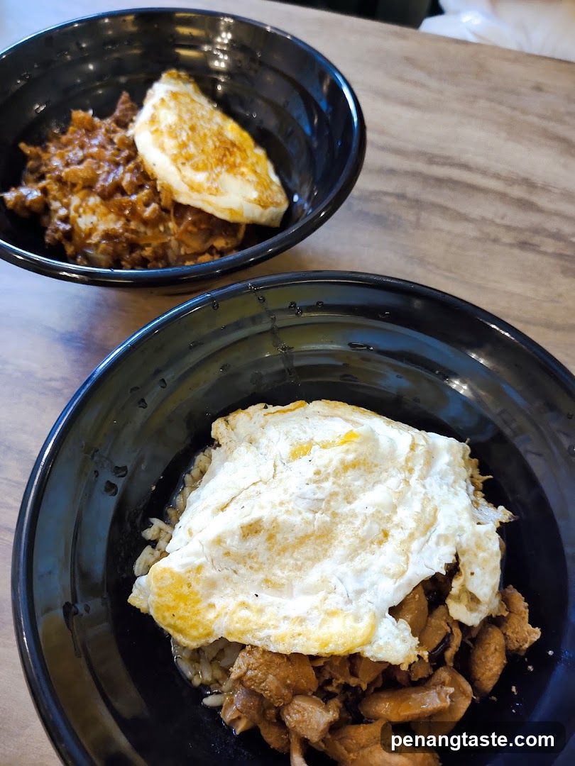 Two Bowls of Rice with Toppings and Fried Eggs