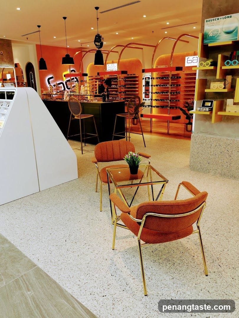 Eyewear store interior with seating area