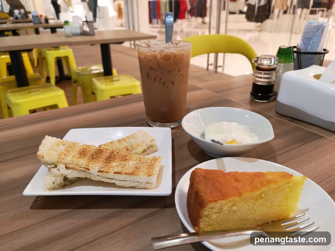 Cafe breakfast with toast and cake