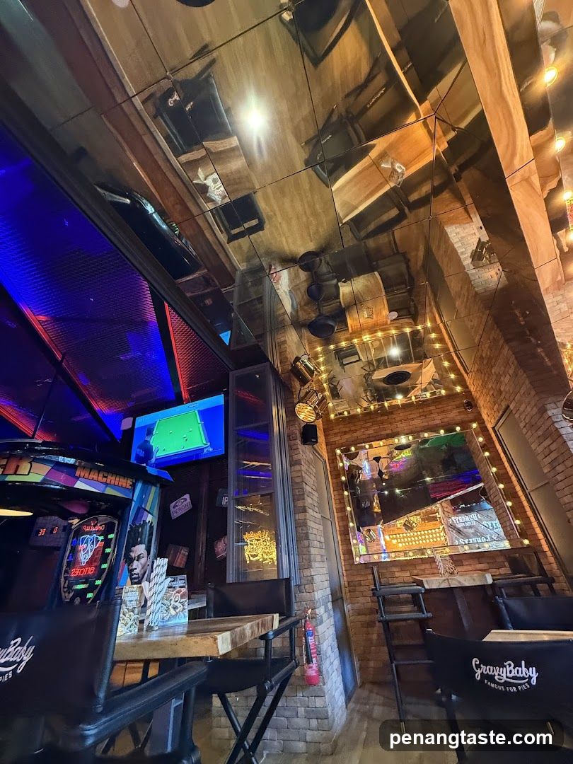 Bar Interior with Arcade Machine and Pool Table Screen