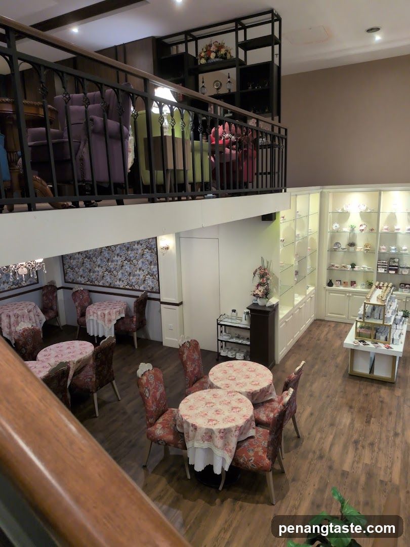 Interior of a cafe with seating and display shelves