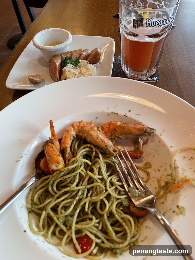 Pesto Pasta and Sausages with Beer