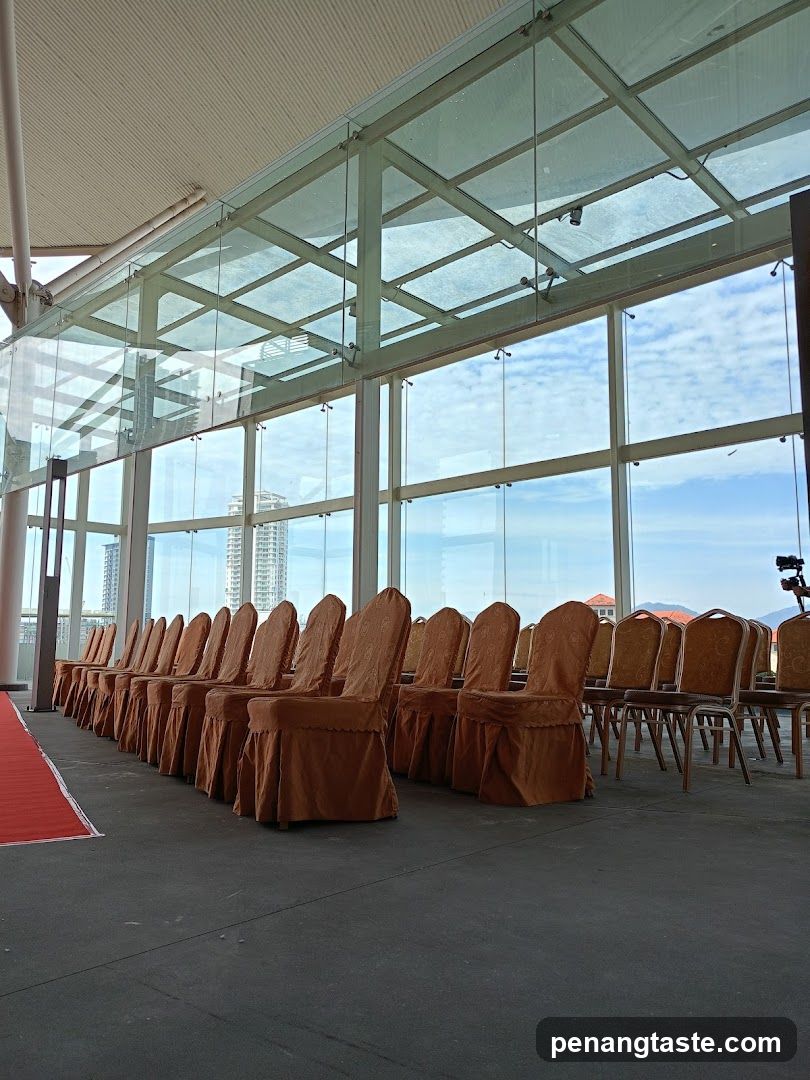 Chairs arranged in rows with a view of the city