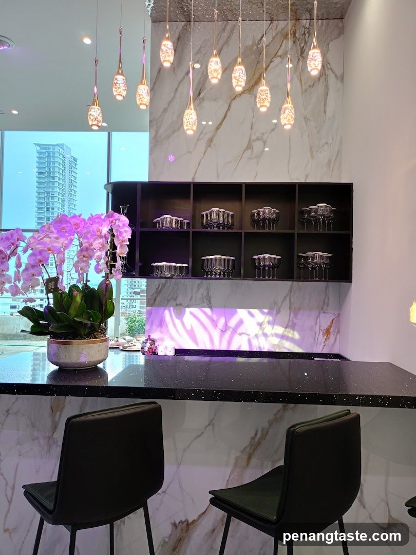 Bar Interior with Orchids and Glassware