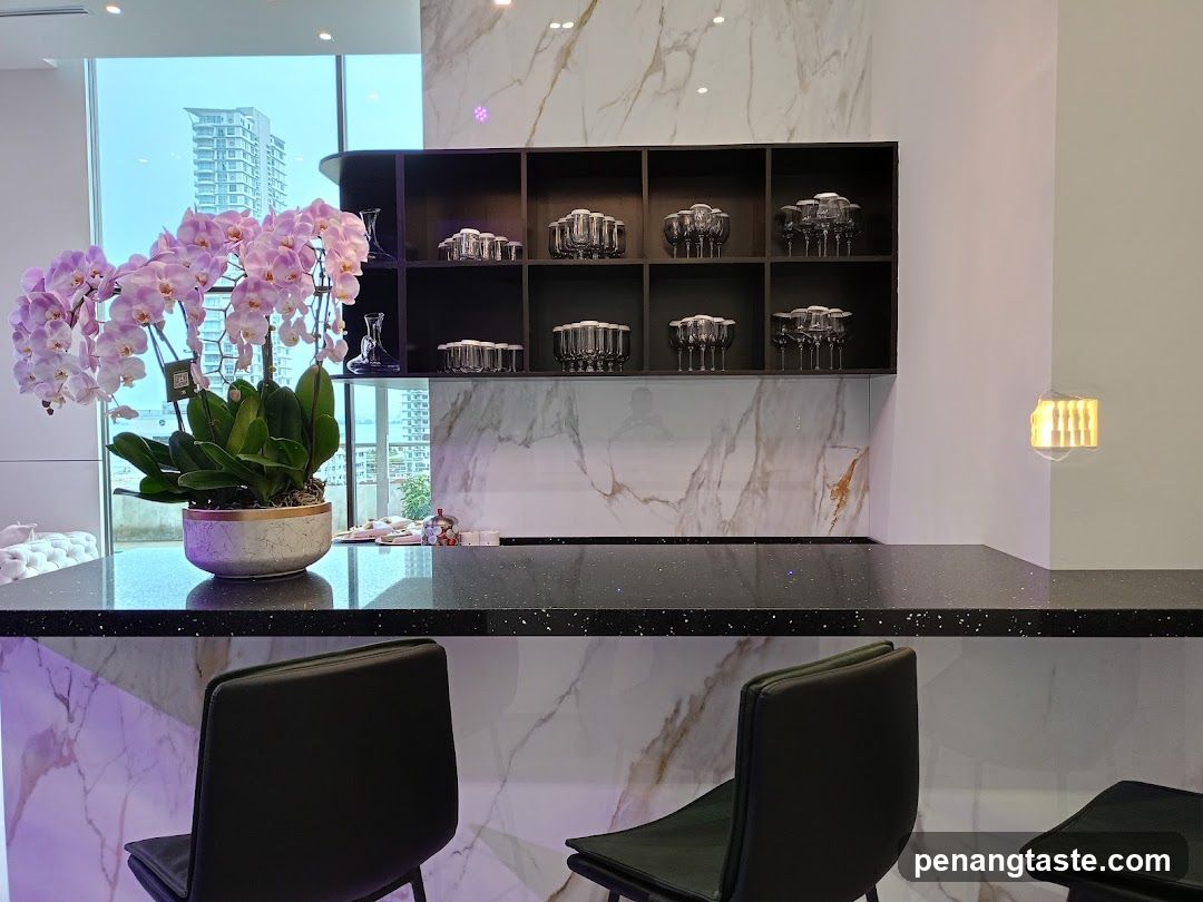 Bar Counter with Orchid Plant and Glassware