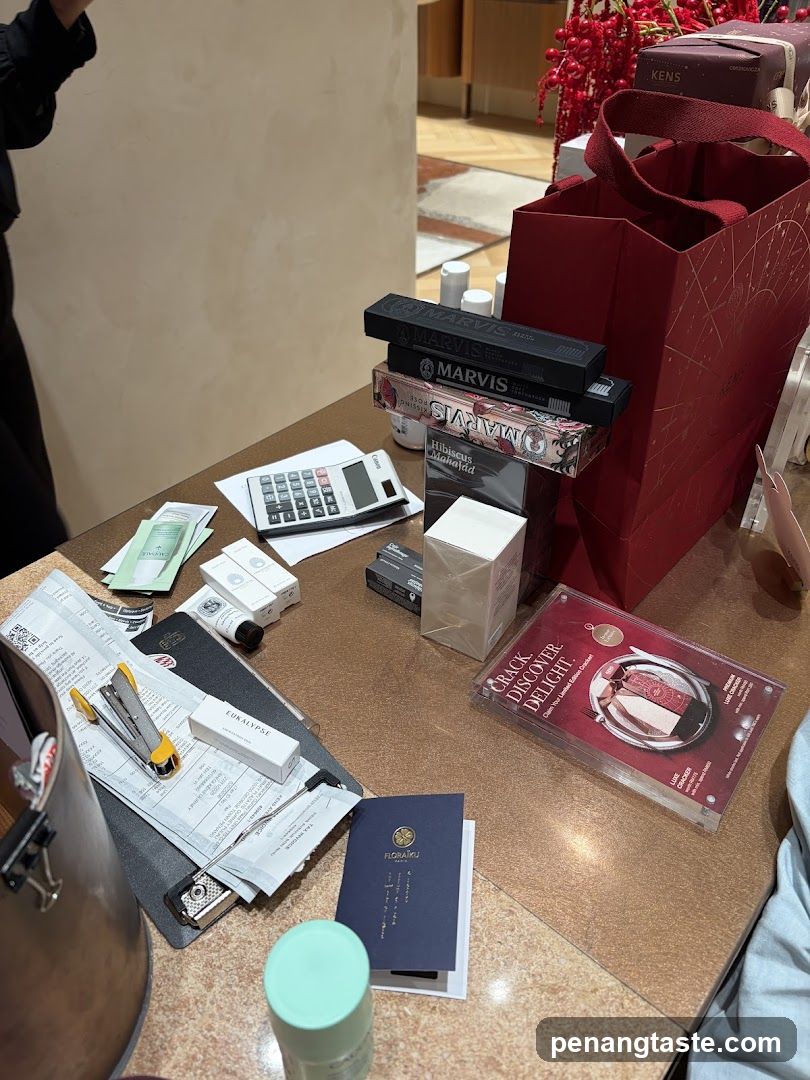 Counter with various items
