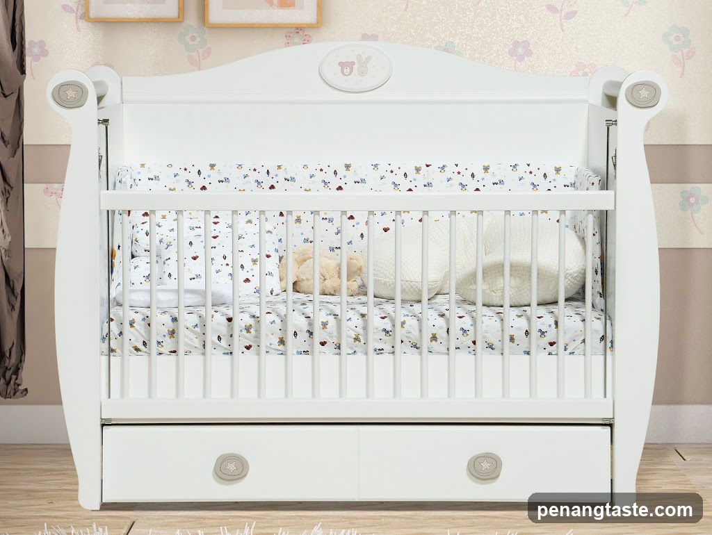 White Crib with Teddy Bear and Pillows