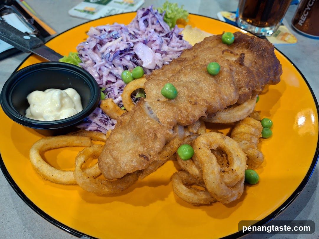 Fish and Chips with Coleslaw and Onion Rings