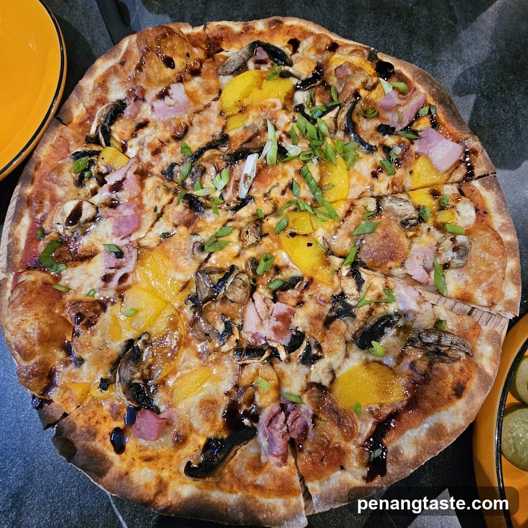 Pizza with Ham, Mushrooms, and Yellow Peppers