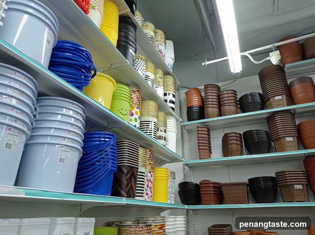 Shelves stocked with various plastic containers and pots