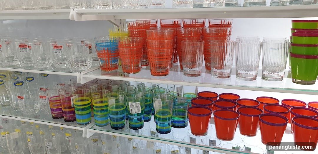 Assortment of drinkware on shelves