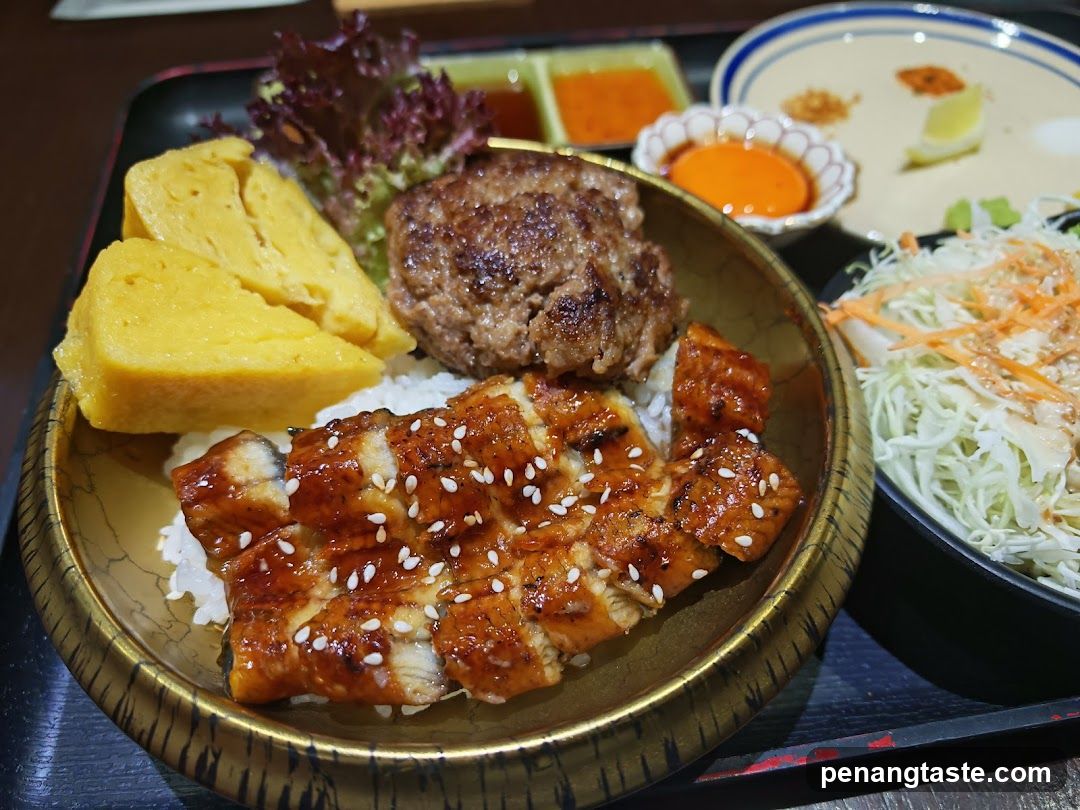 Unagi and Hamburger Steak Rice Bowl