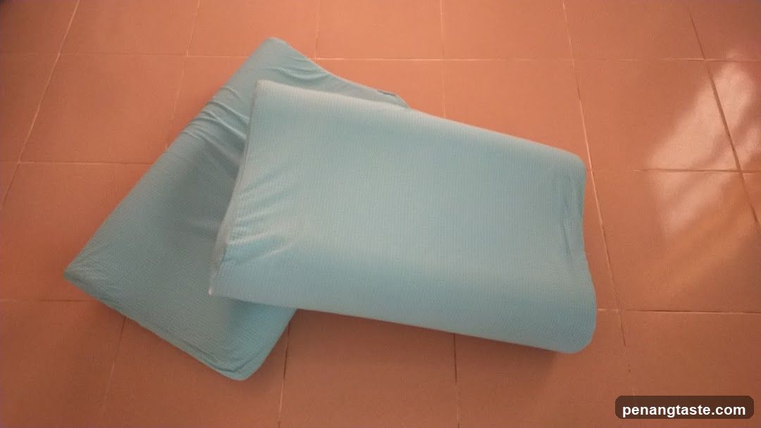 Two light blue pillows on a tiled floor