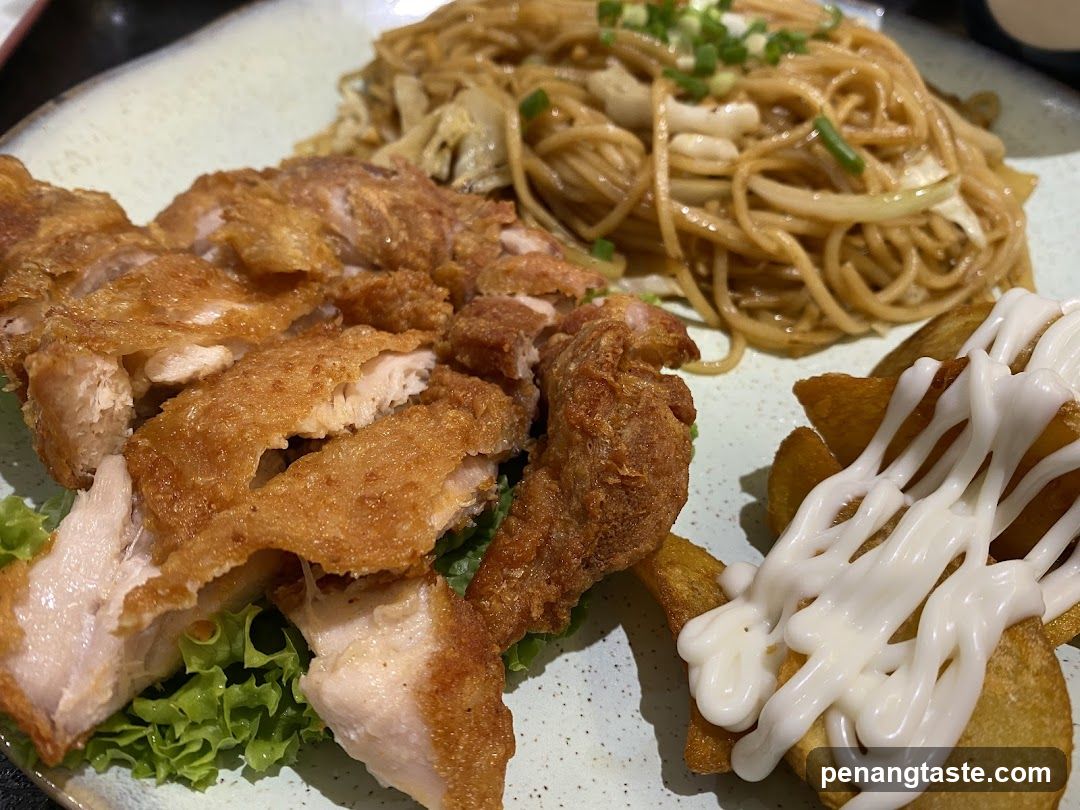 Fried Chicken with Noodles and Fries