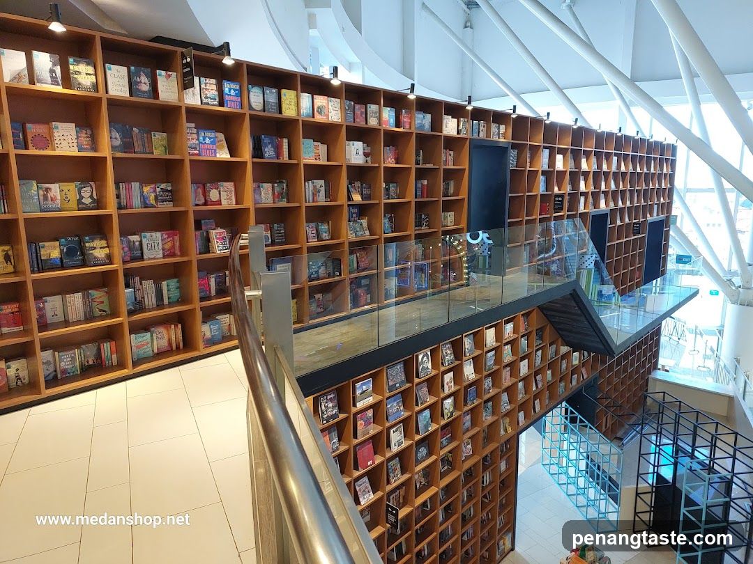 Interior of a multi-level bookstore