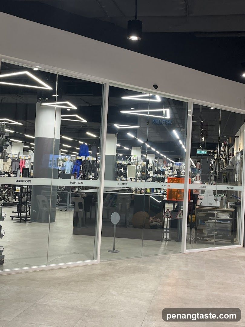 The image shows the glass storefront of a Decathlon store. Through the glass, racks of athletic apparel and equipment are visible, including jackets, helmets, and bicycles. The store interior features modern lighting with geometric patterns on the ceiling.