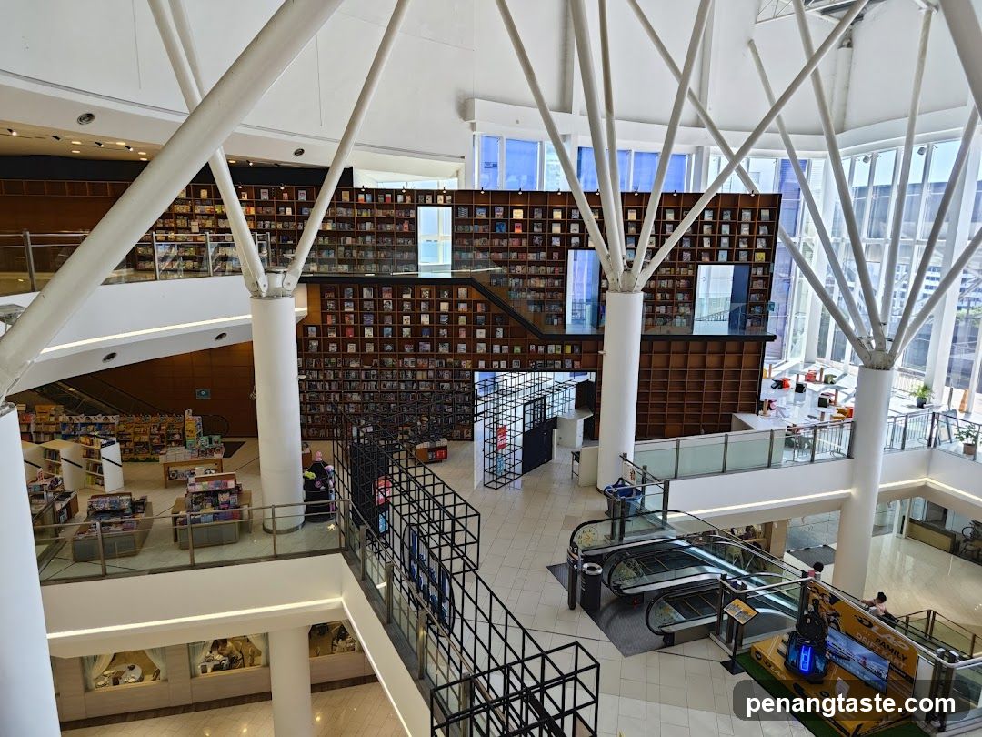 Interior of a multi-level bookstore