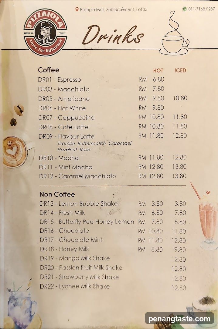 Pizzaiola Coffee Drinks Menu