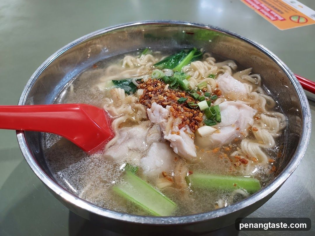 Noodle Soup in Metal Bowl