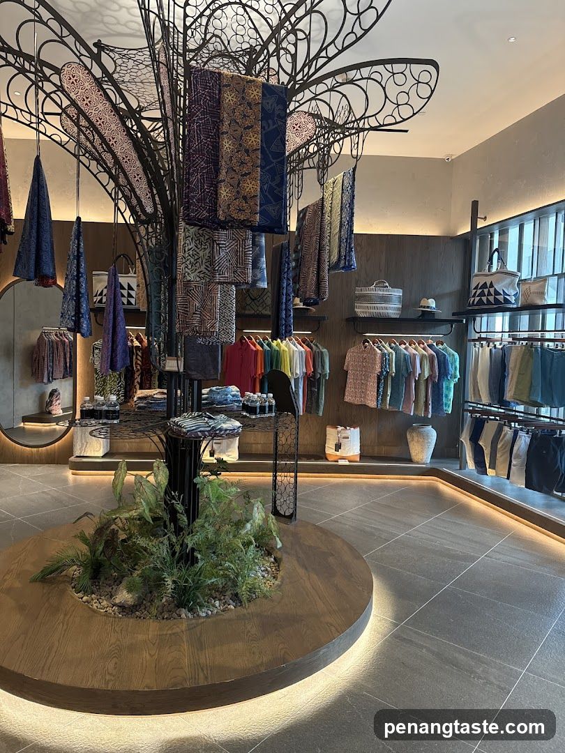 Clothing store interior with decorative tree display