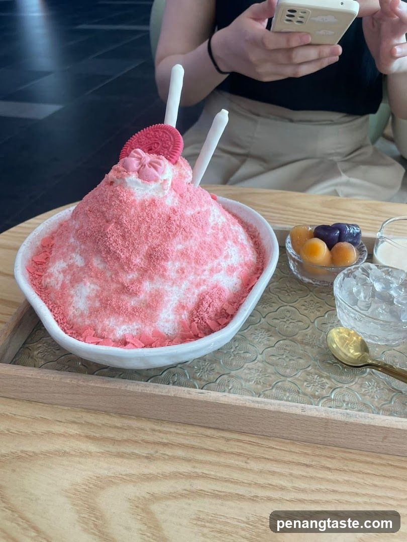 Bowl of pink shaved ice dessert