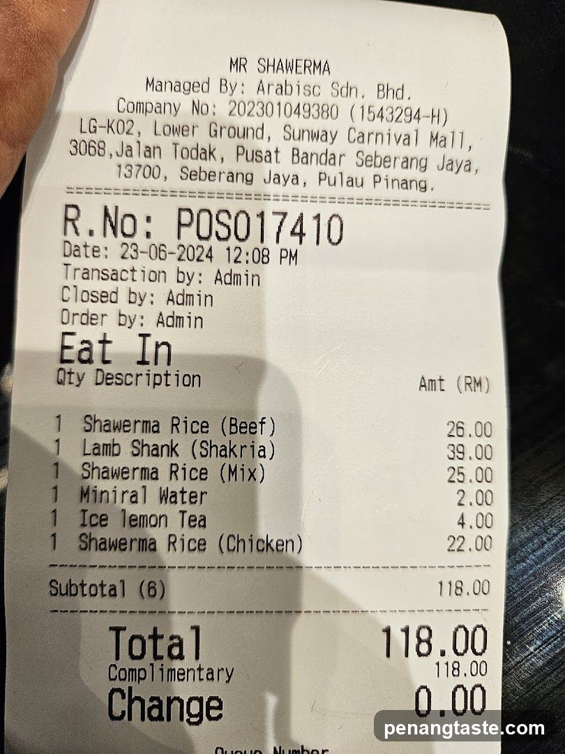 Receipt from MR SHAWERMA