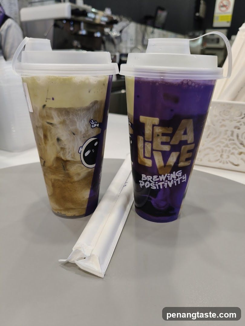 Two iced beverages at a tea shop