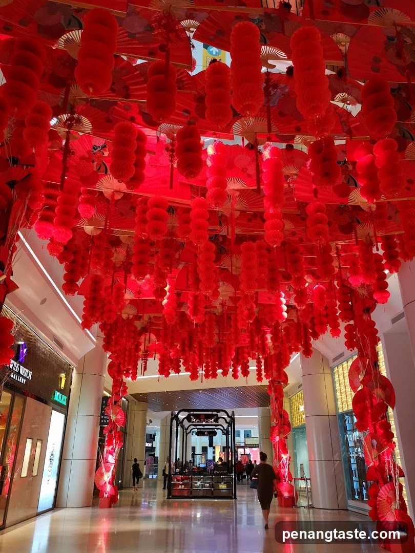 Mall Interior Decorated with Red Lanterns and Fans