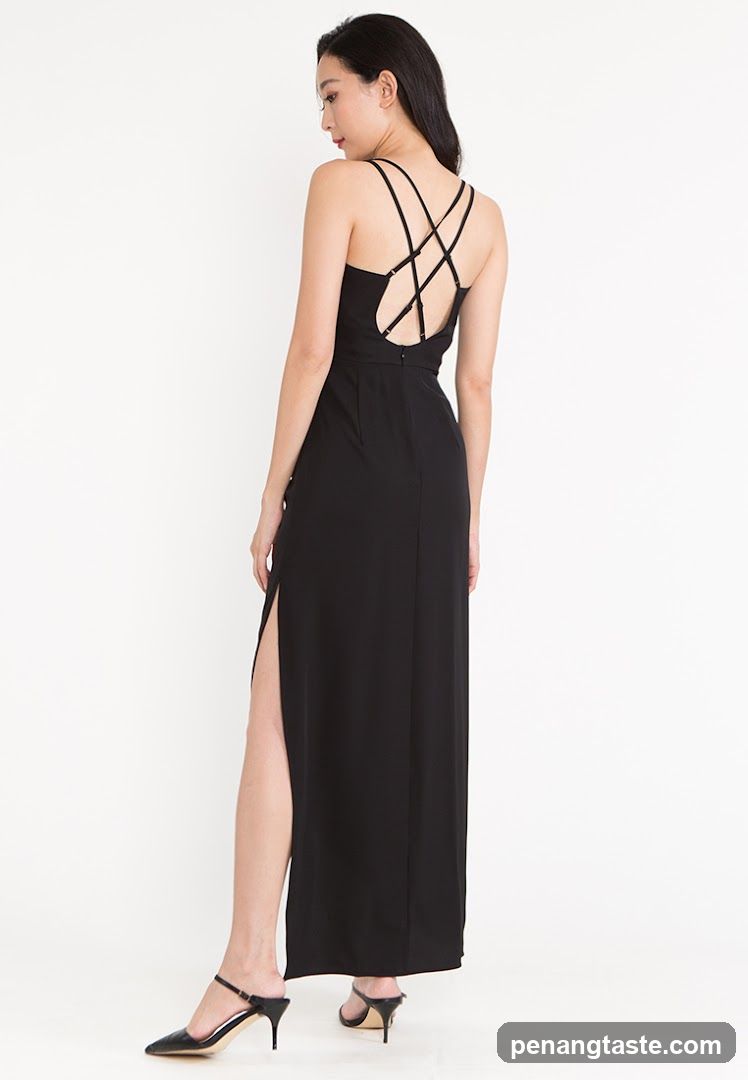 Model wearing black dress