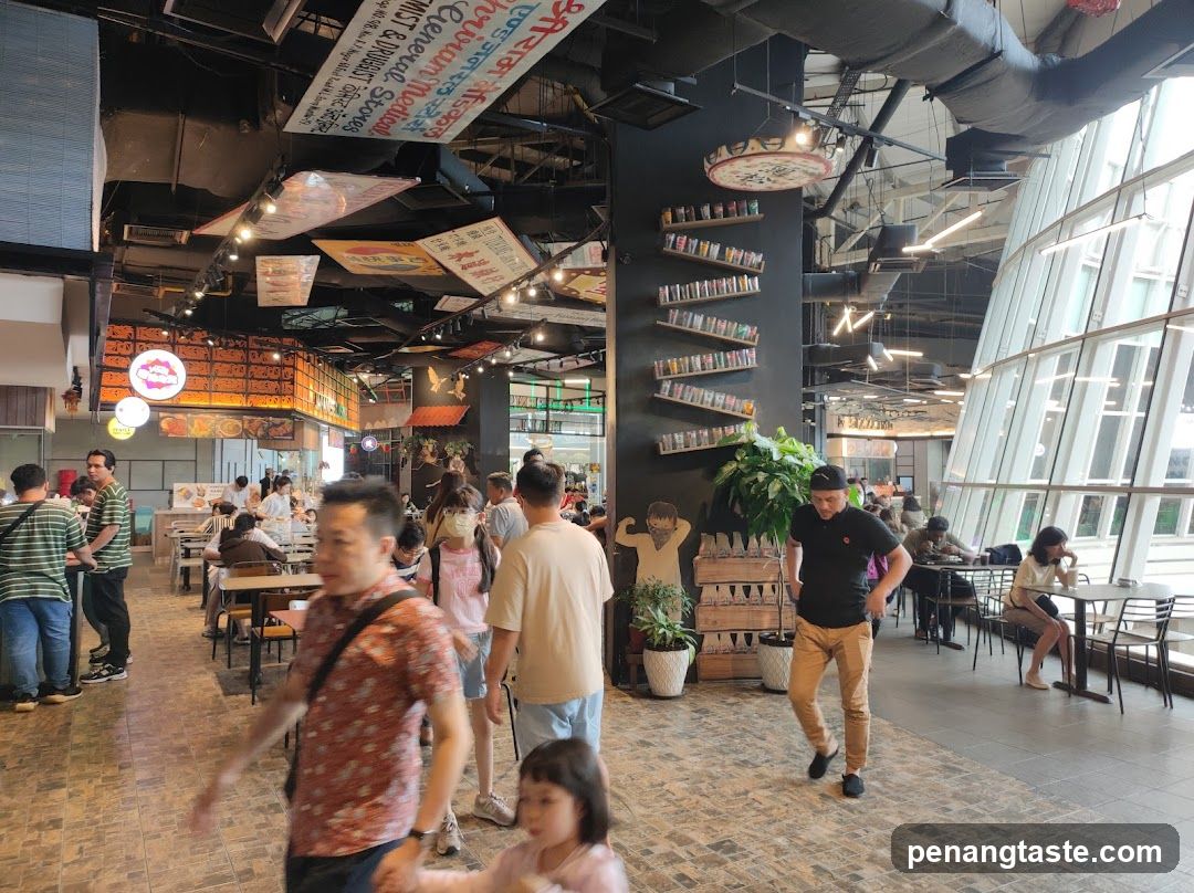 Interior of a bustling food court
