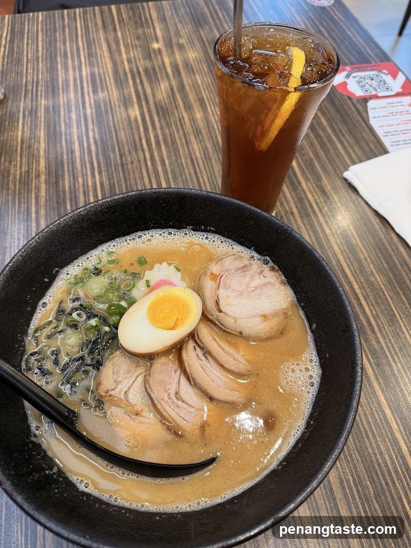 Ramen bowl and iced tea