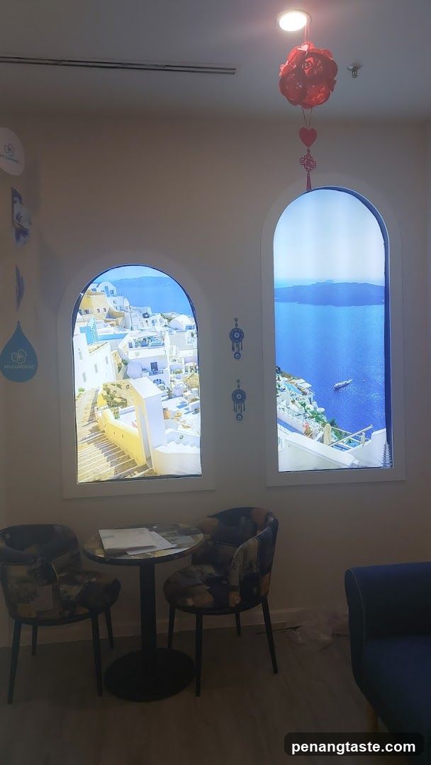 Interior with Arched Windows Displaying Coastal Scene