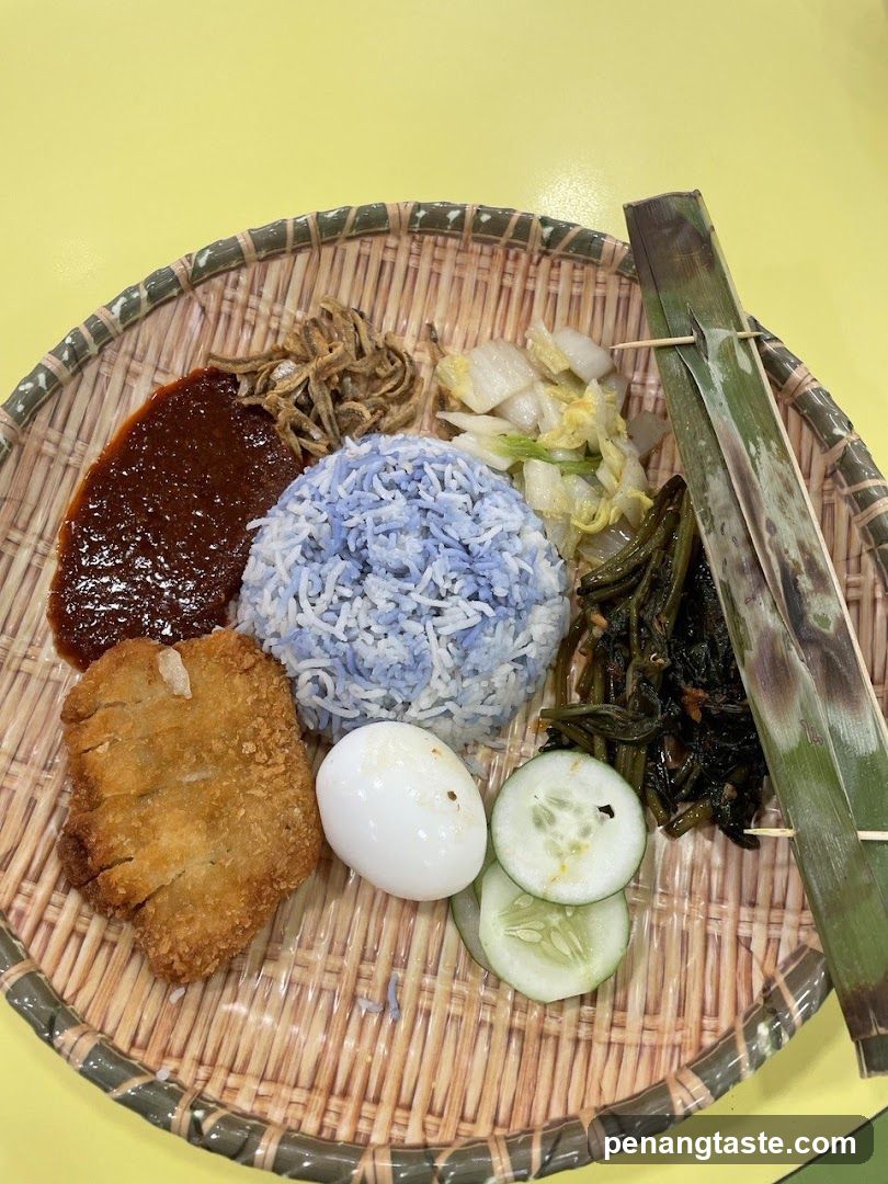 Nasi Lemak with Fried Chicken and Blue Rice