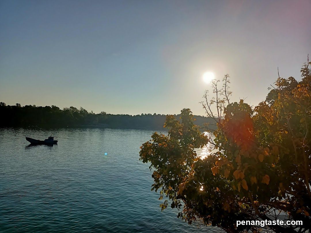 Sunset over water with boat and trees