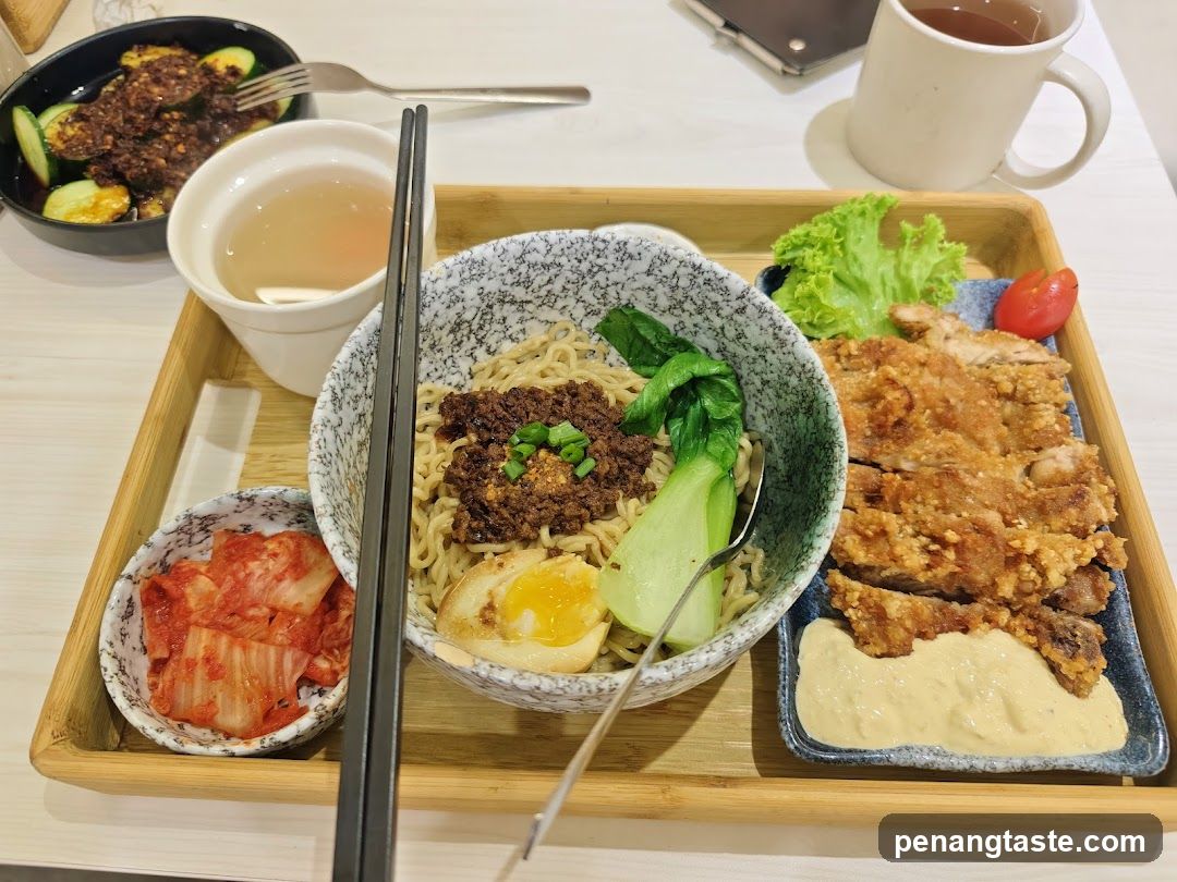 Meal served on wooden tray