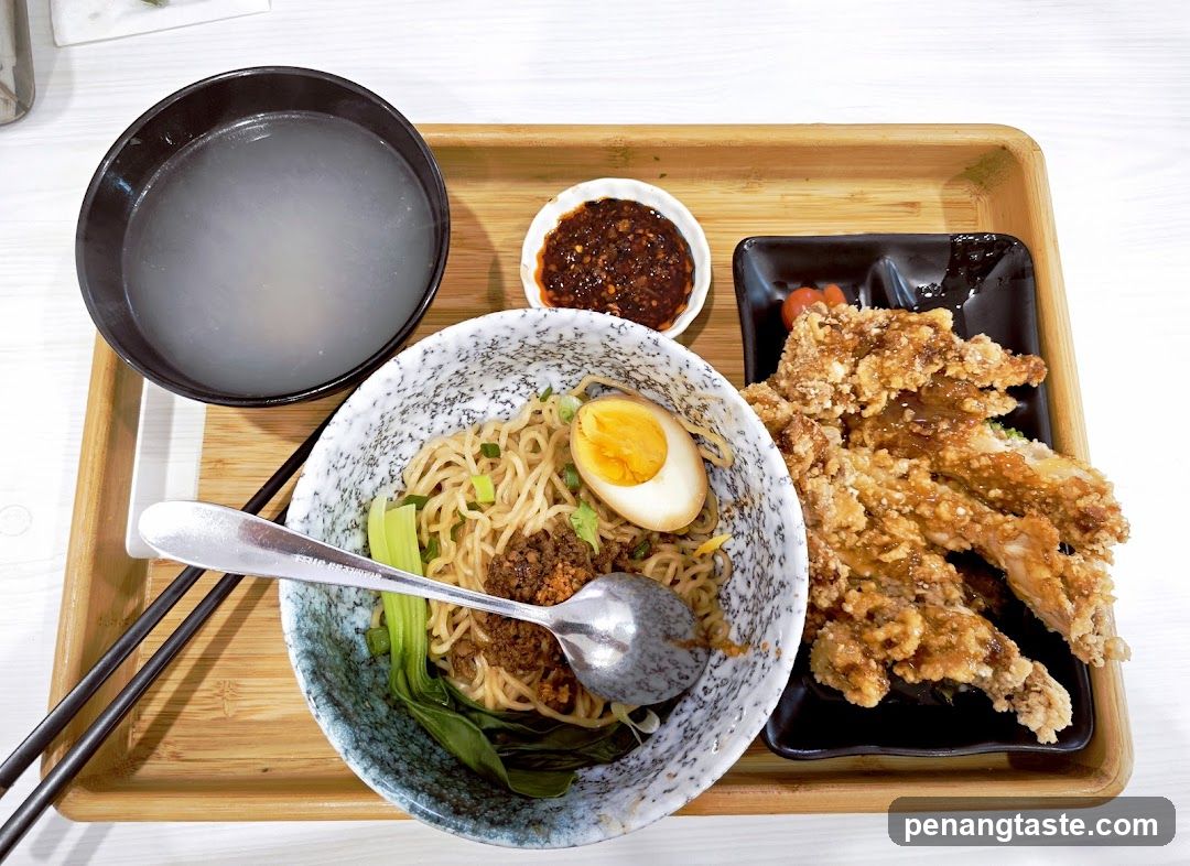 Food Tray with Noodles and Fried Chicken