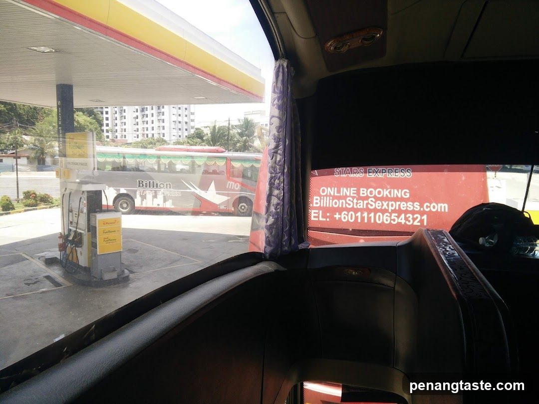 Bus interior at gas station