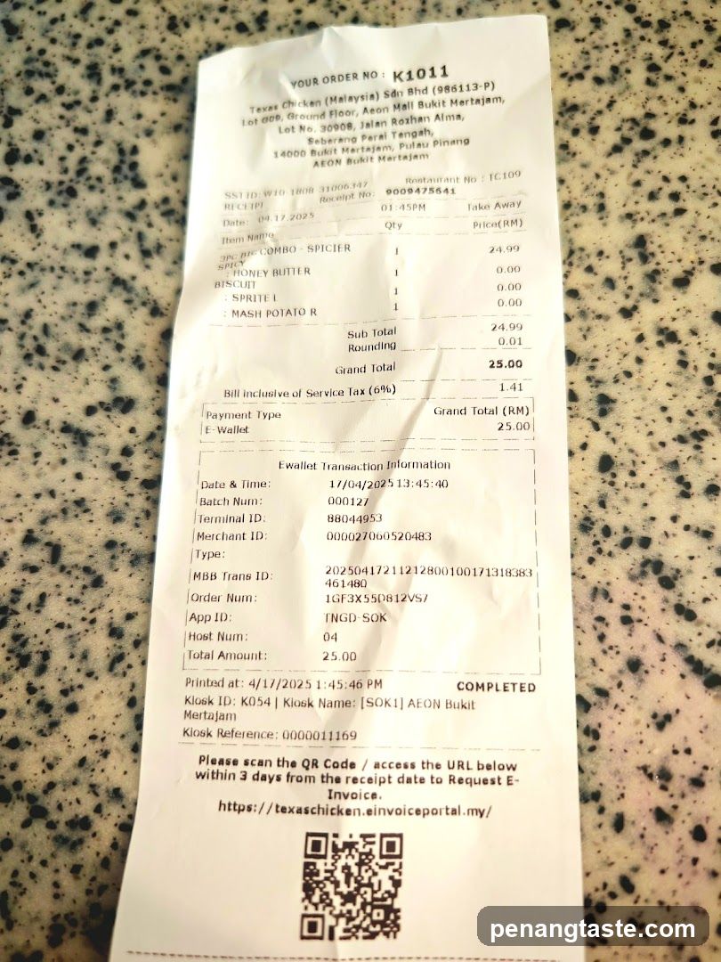 Receipt from Texas Chicken