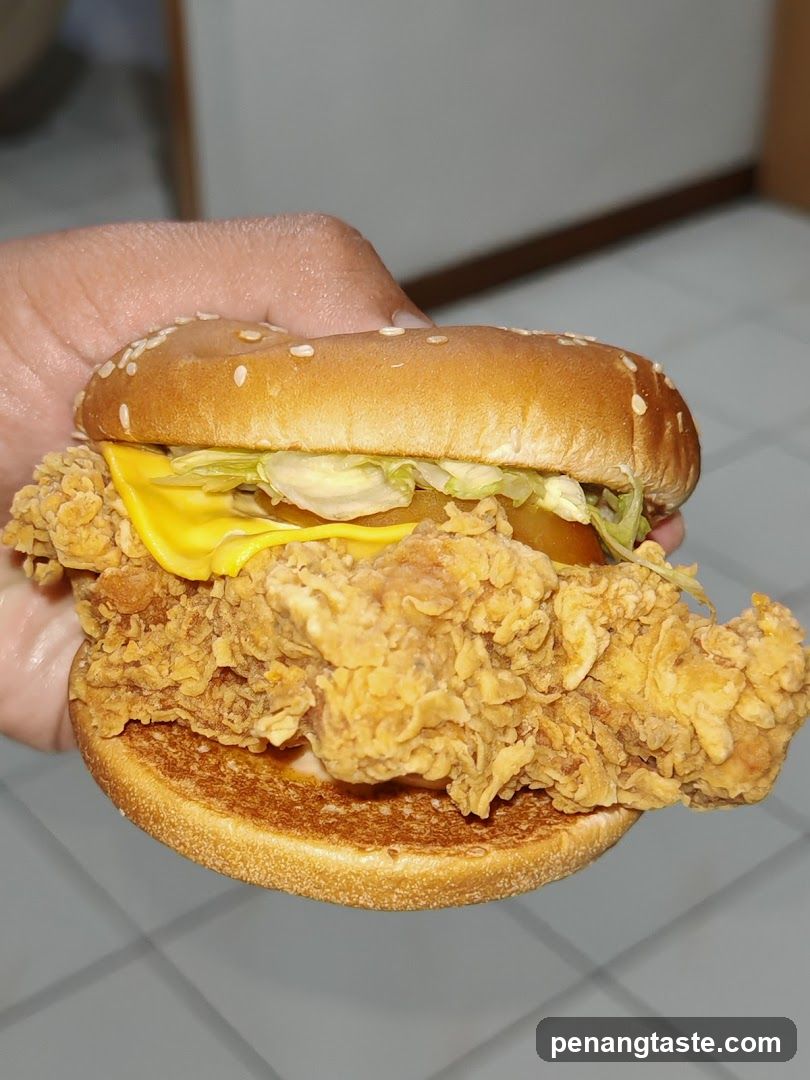 Hand holding fried chicken burger