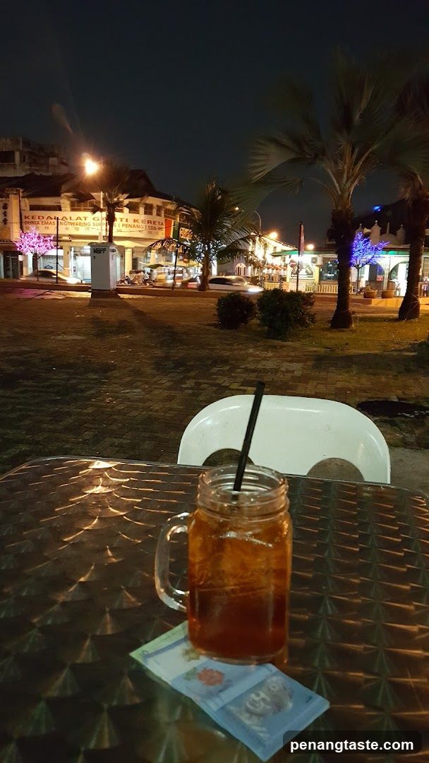 Nighttime outdoor seating area