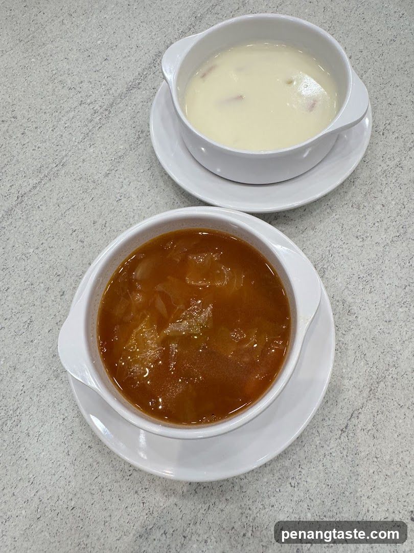 Two Bowls of Soup on a Countertop