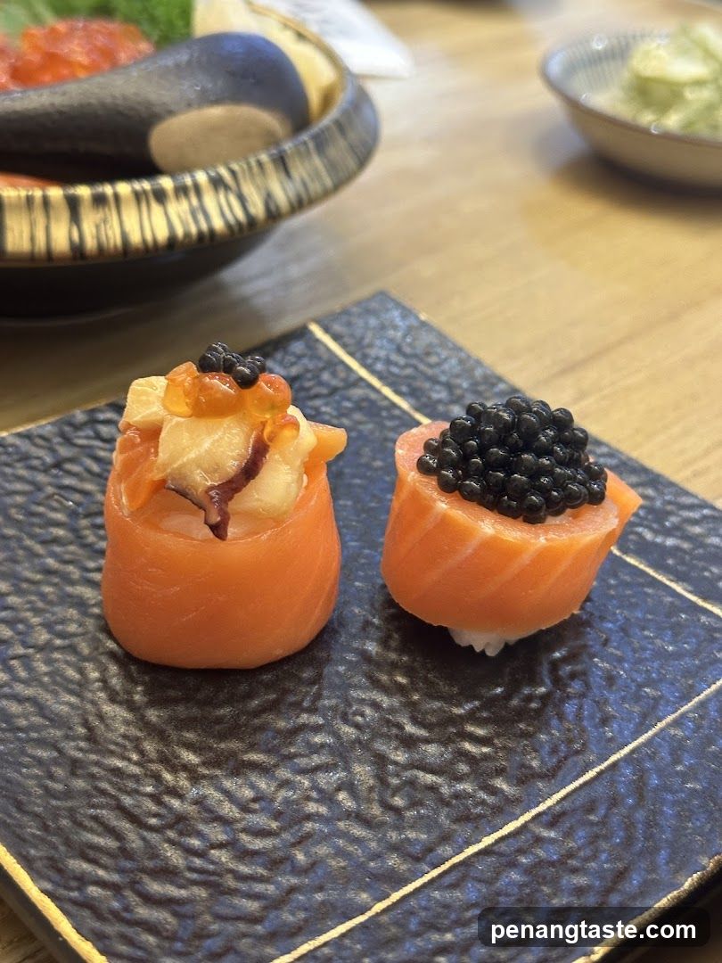 Salmon Nigiri with Caviar and Ikura