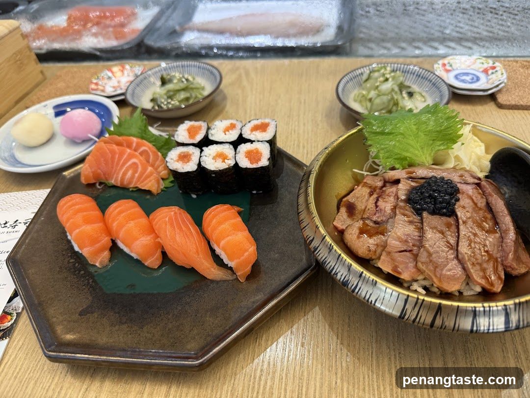 Assortment of Sushi and Beef Bowl