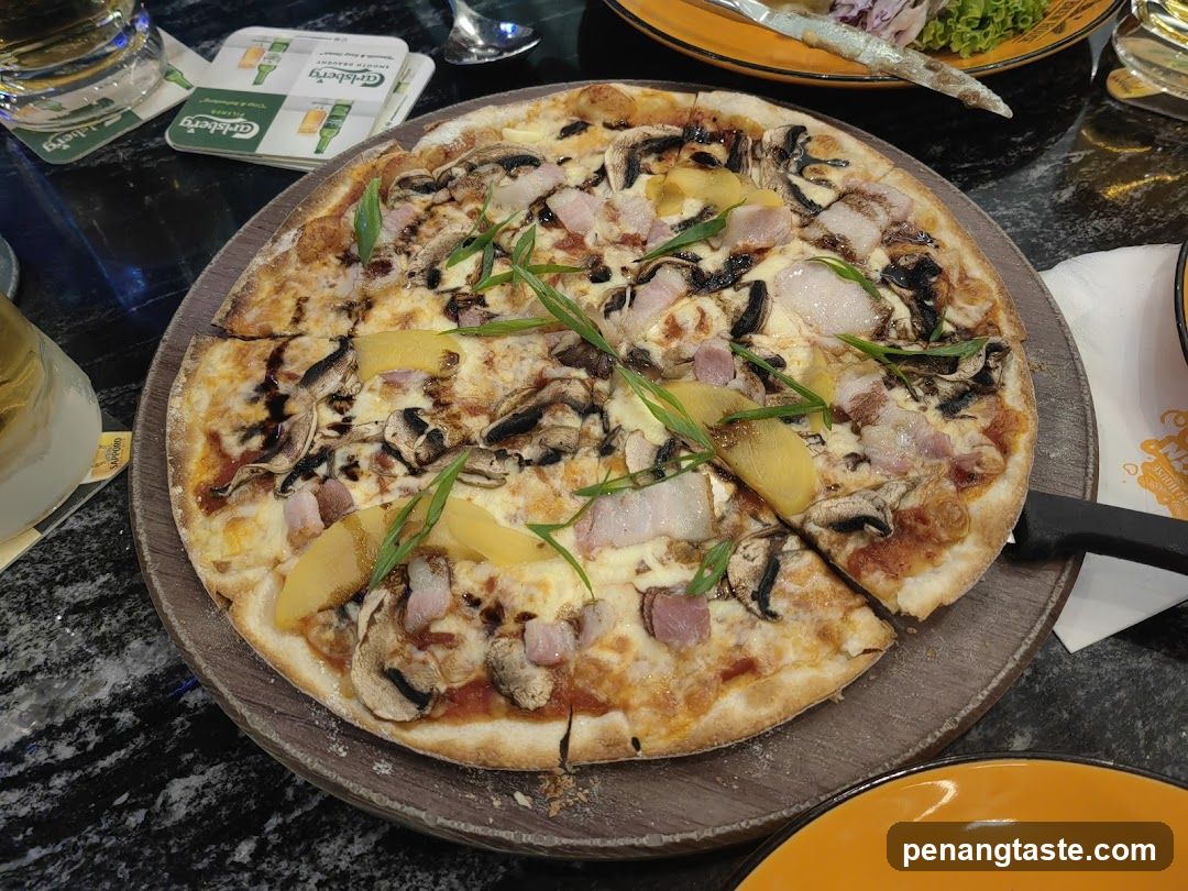 Pizza on wooden serving board